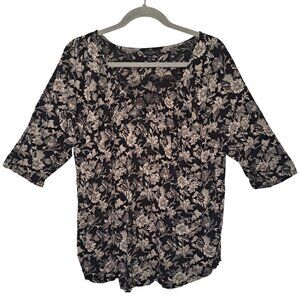 Lucky Brand Black Neutral Floral V Neck Top Plus Size 1X
